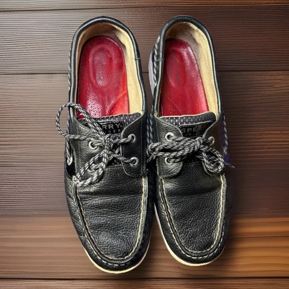 Sperry Top Sider Womens 11M Black Leather Boat Shoes Lace Up Casual Comfort